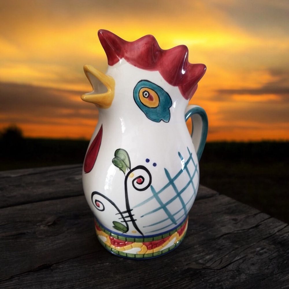 1999 Hand Painted "Mosaic Rooster" pitcher by Clay Art of South San Francisco
